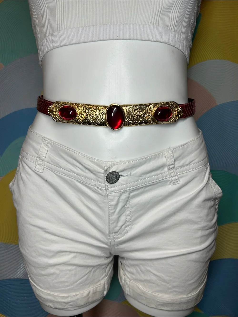 Vintage 1980s genuine leather snakeskin Red Gemstone GoldTone Women’s Waist Belt